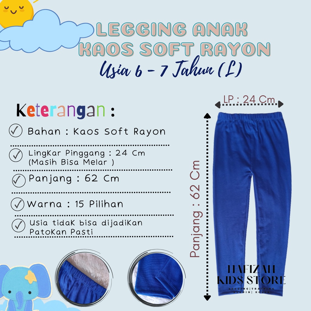 Legging Panjang Anak Kaos Soft Rayon usia 6 - 7 th