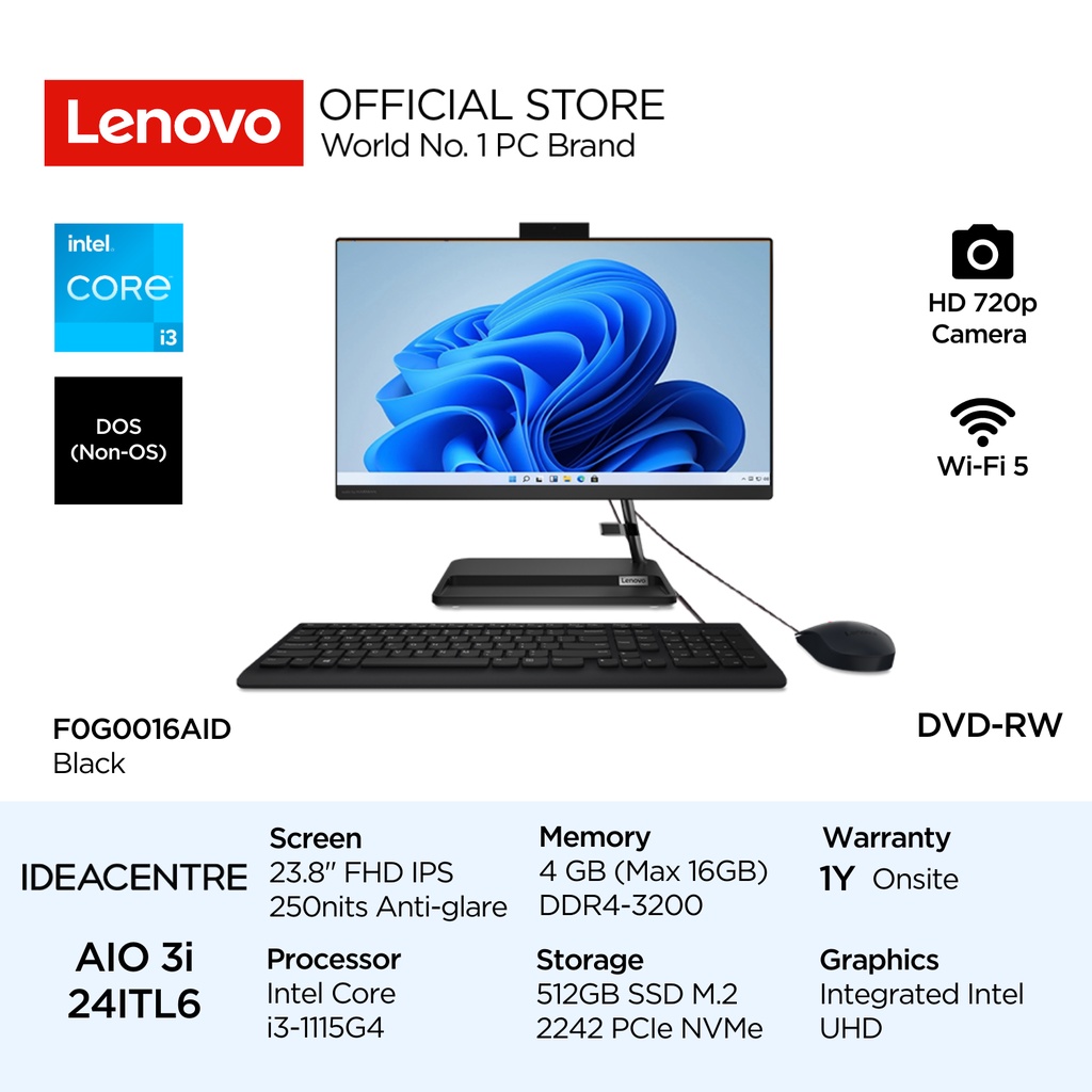 Lenovo PC IdeaCentre AIO 3i 24ITL6 Intel Core i3 1115G4 DOS 4GB DDR4-3200 512GB SSD 23.8" FHD IPS 250nits Integrated Intel UHD Graphics 6AID 69ID Desktop All-in-One 24inch F0G0016AID Black F0G00169ID White Wired Keyboard Mouse