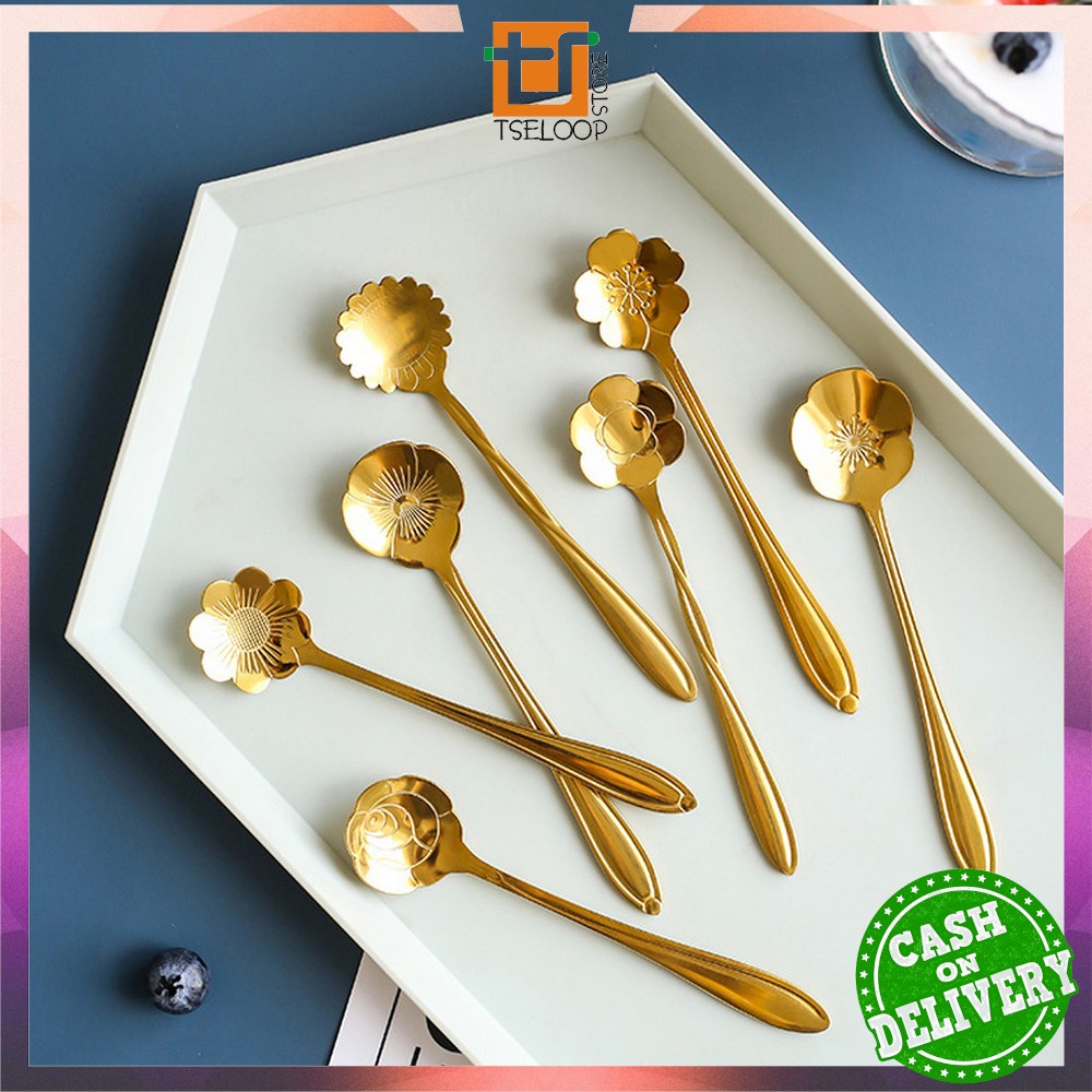 OFM-C766 Sendok Korea Teh Kopi Kecil Stainless Steel Motif Love Elegant Warna Gold / Sendok Bunga Emas Spoon Dessert Import