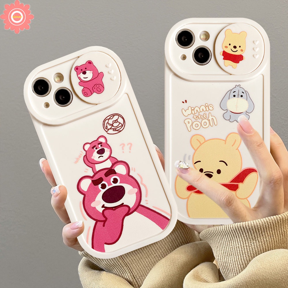 IPHONE Pasangan Strawberry Bear Manyo Winnie the Pooh Case Kompatibel Untuk Iphone11 7plus 13 12 Pro Max7 8 Plus XR X XS MAX Kartun Tarik Jendela Kamera Perlindungan Soft Cover