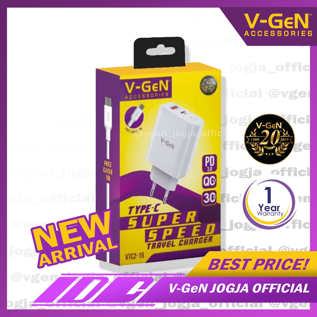 Travel Charger V-GeN VTC2-19 30W Auto ID PD3.0 QC4.0 Fast Charging