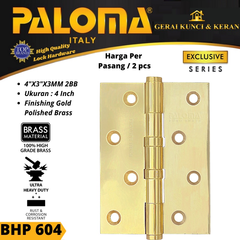 ENGSEL PINTU PALOMA BHP 604 BRASS 4&quot;X3&quot;X3MM 2BB BRASS GOLD PB