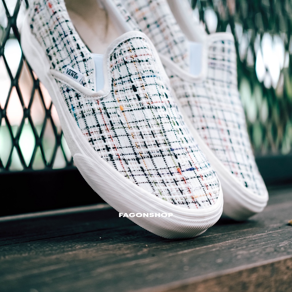 V4NS SLIP-ON WOVEN PLAID MARSHMALLOW WHITE CLASSIC ORIGINAL 100%