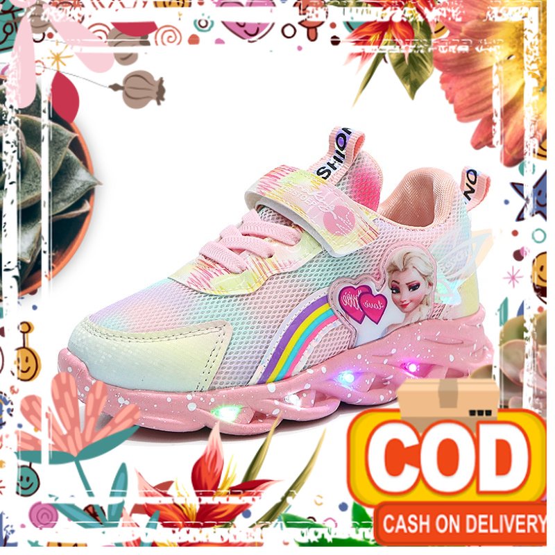 Sepatu Sneakers Anak ELSA WANITA LED Motif FROZEN Sepatu anak Perempuan TERBARU TERMURAH Warna Pink 