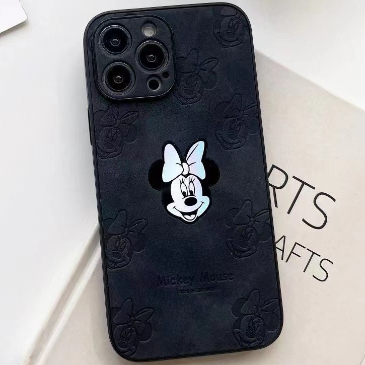 Laser Bow Mickey&amp;Minnie Back Casing for IPhone 14 12 13 11 Pro Max 14plus Leather Lens Protective Case