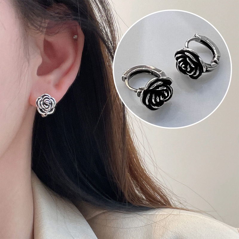 Pribadi Retro Bunga Mawar Camellia Anting Telinga Gesper Desain Wanita Thai Silver Hoop Earring