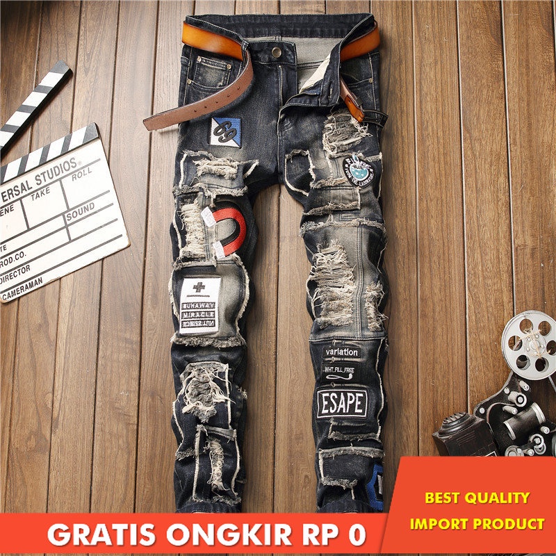 Celana Jeans Robek Pria Korea Slim-Fit Celana Pria Splash-Tinta Patch