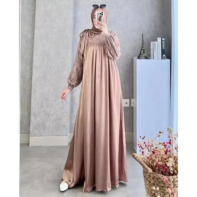 SATIN MAXI DRESS BRUKAT MEWAH ELEGANT - LONG DRESS MUSLIM