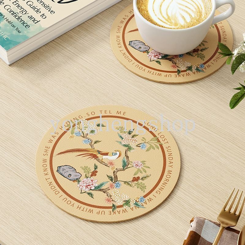 Vintage Bunga Tatakan Piring Bulat Kulit PU Alas Meja Makan Insulasi Panas Non-Slip Coaster Cup Mat Rumah Dekorasi Meja Pads