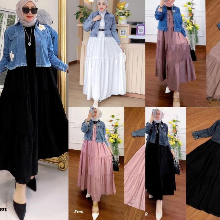 RECOMENDED setelan midi dress set jeans HQ Import