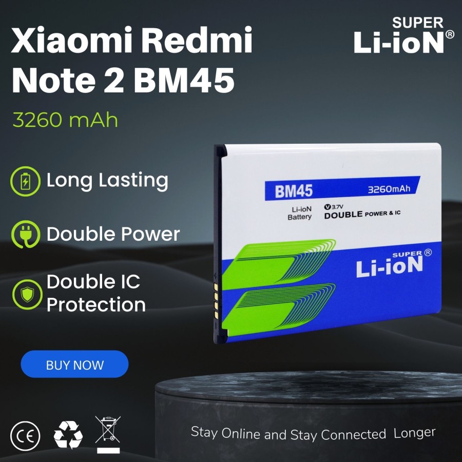 Baterai Super Li-ioN Xiaomi Redmi Note 2 BM45 Double Power 3260 mAh