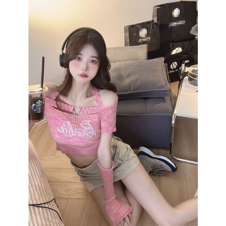 Red Bibi Barbie Rajutan T-shirt Lengan Pendek Wanita Bagian Tipis Awal Musim Gugur Baru Tabir Surya Kecil Gadis Panas Atasan Satu Bahu tanpa Tali
