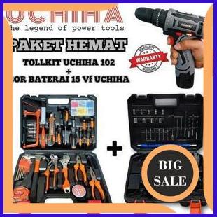perkakas promo paket hemat tool kit set 102 pcs + bor cordlees 15vf uchiha japan technolog