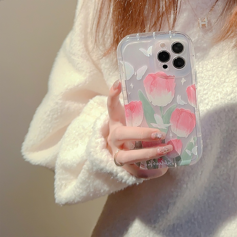 IPHONE Ins Musim Semi Lukisan Minyak Bunga Merah Muda Silikon Case Untuk Iphone14 11 12 13 PRO MAX Casing Cover Pelindung AT0057