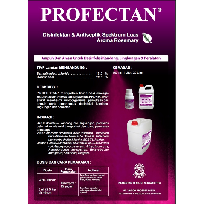 PROFECTAN 100 mL | Desinfektan dan Antiseptik Spektrum Luas Aroma Rosemary Untuk Kandang Lingkungan Peralatan | VADCO