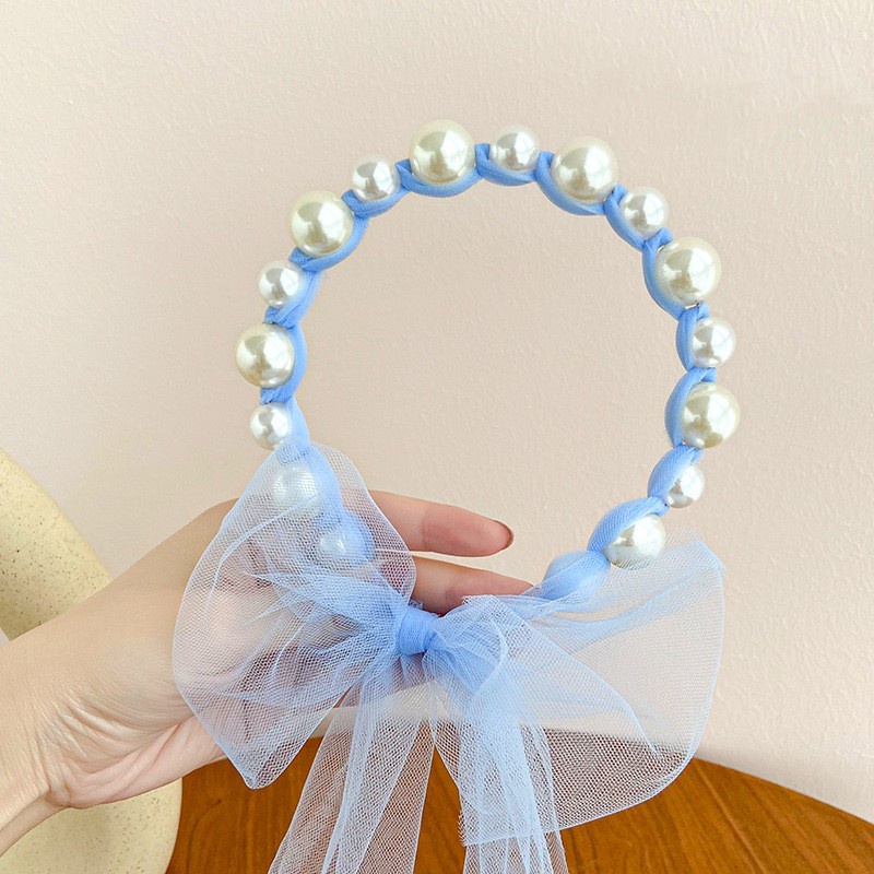 Bando Mutiara Anak  Bandana Mutiara Pita Tulle Panjang Bisa diikat Gaya Korea