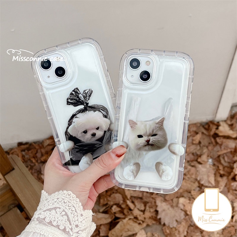 IPHONE Casing Ponsel Pasangan Kompatibel Untuk Iphone11 12 14 13 Pro Max XR X7 8 6 6s Plus XS Max Kreatif Kantong Plastik Lucu Anjing Kucing Bening Shockproof Airbag Lembut Tpu Penutup Belakang