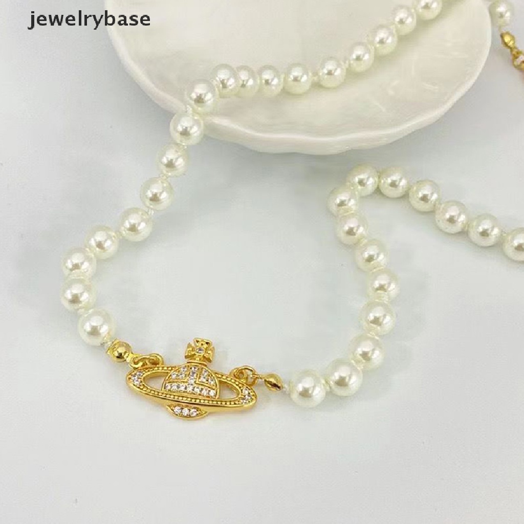 [jewelrybase] 1 Pc Emas Perak Saturnus Mutiara Kalung Pearl Beads Kristal Berlian Imitasi Kalung Butik