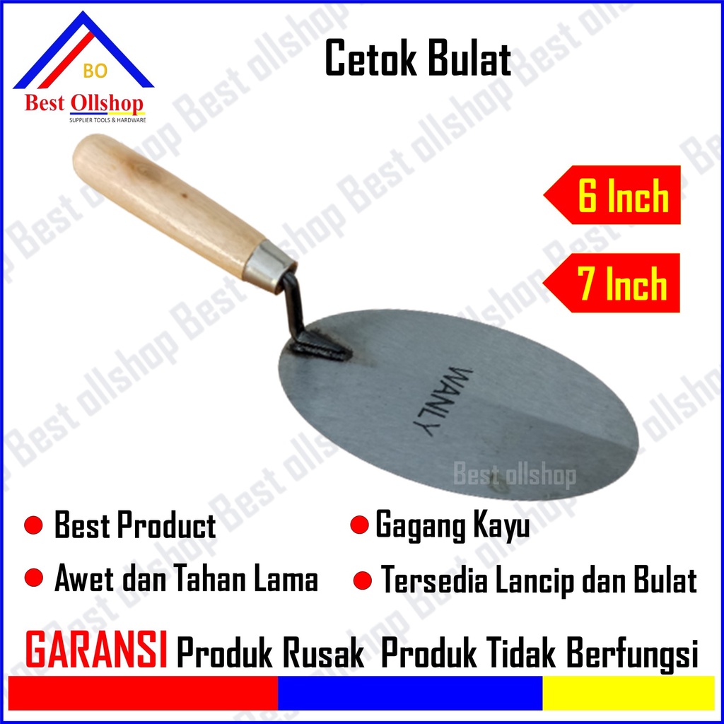 Sendok Tembok Semen Bulat 6 Inci Gagang Kayu /Cetok Sendok Semen 6&quot; 7 Inch Bulat Oval