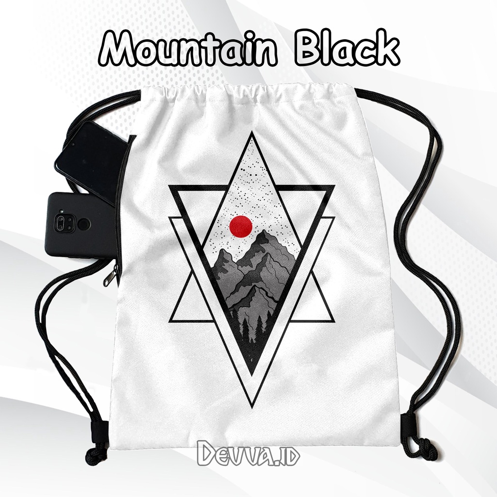 Tas Serut Anti Air String Bag Full Print Pria Dan Wanita Motif Mountain Black Tas Sekolah Tas Olahraga