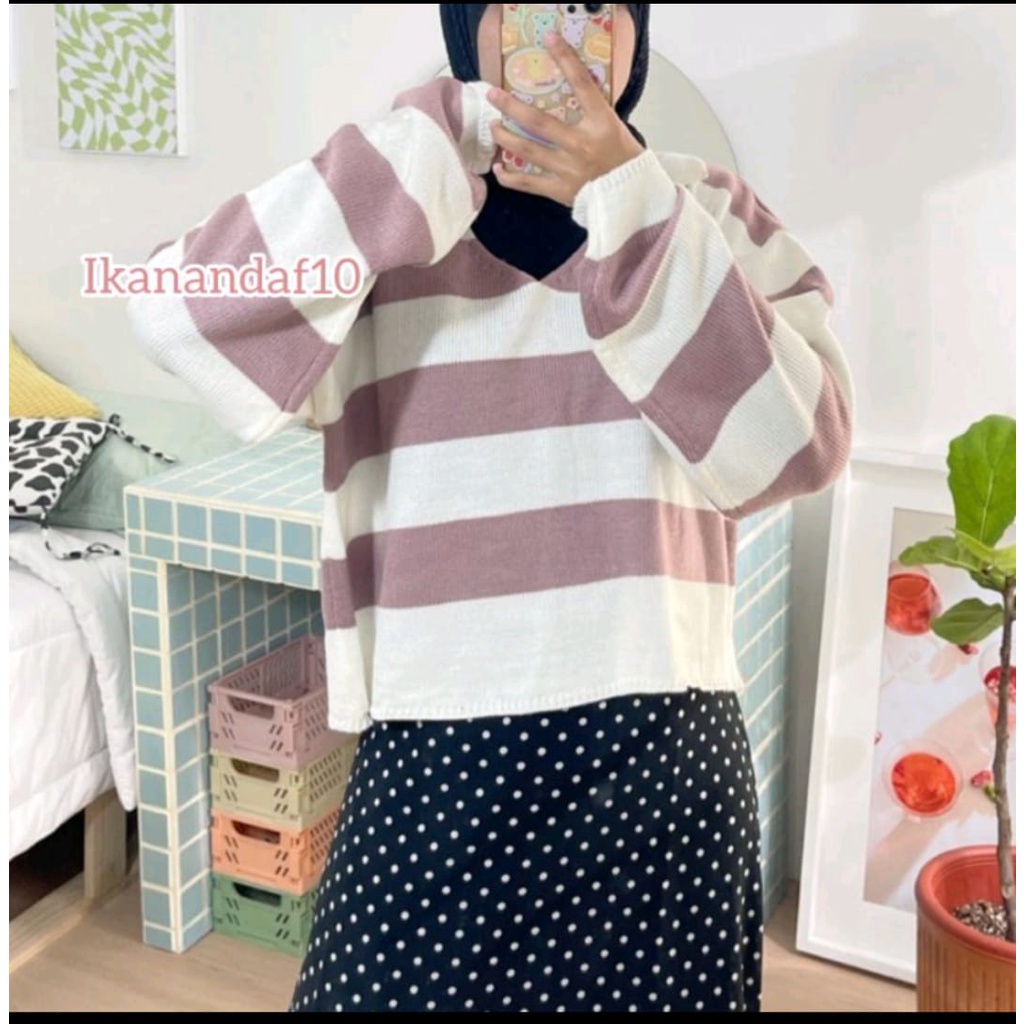 TOP WANITA / IKANAN STRIPE / KNIT RAJUT / LENGAN PANJANG / CROP / TERBARU