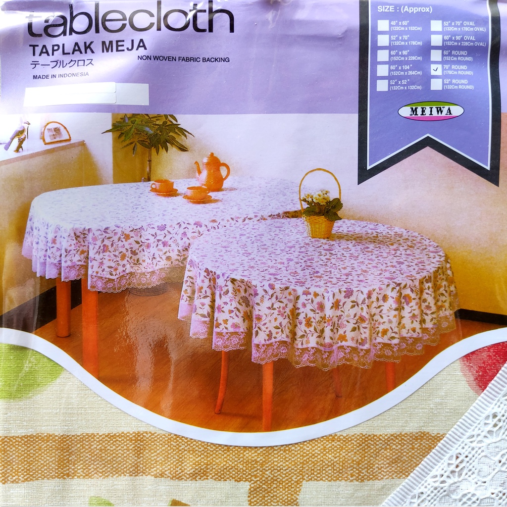 Taplak Meja Makan Ruang Tamu Bulat Plastik PVC bening dan motif diameter 177 cm Meiwa Table Cloth