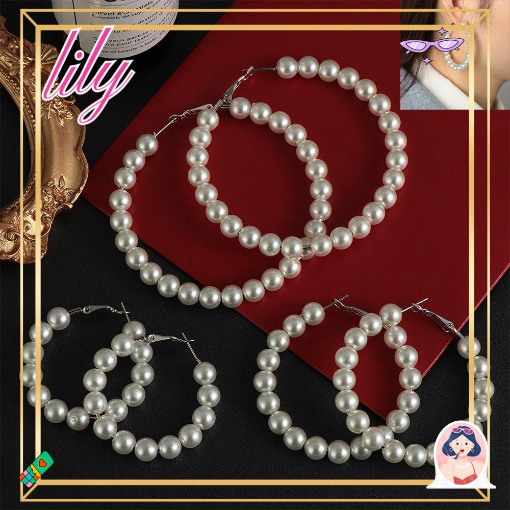 Lily Pearl Hoop Earrings Pesta Pernikahan Pertunangan Lingkaran Besar Bentuk Bulat