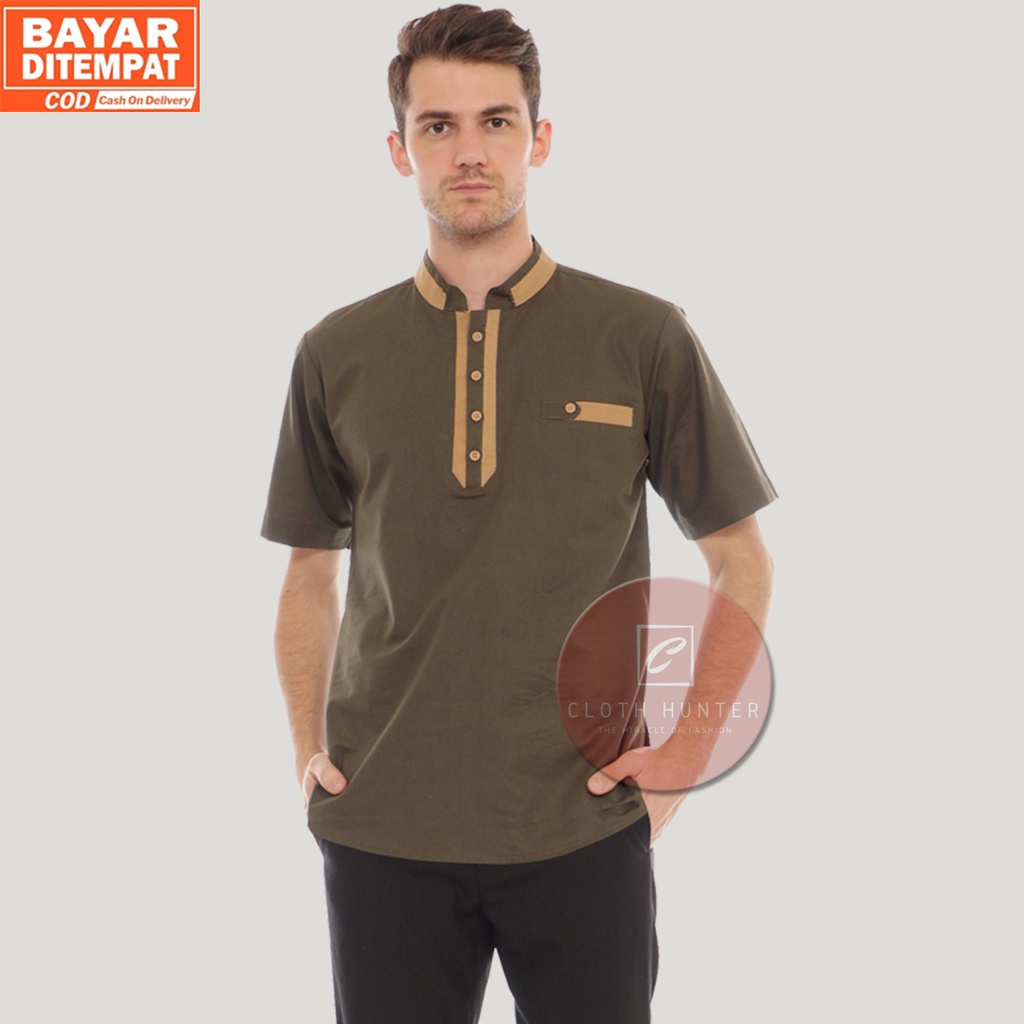 Baju Koko Pria Lengan Pendek Warna Hijau Army Kemeja Formal Koko Ammar Polos Atasan Muslim Pria