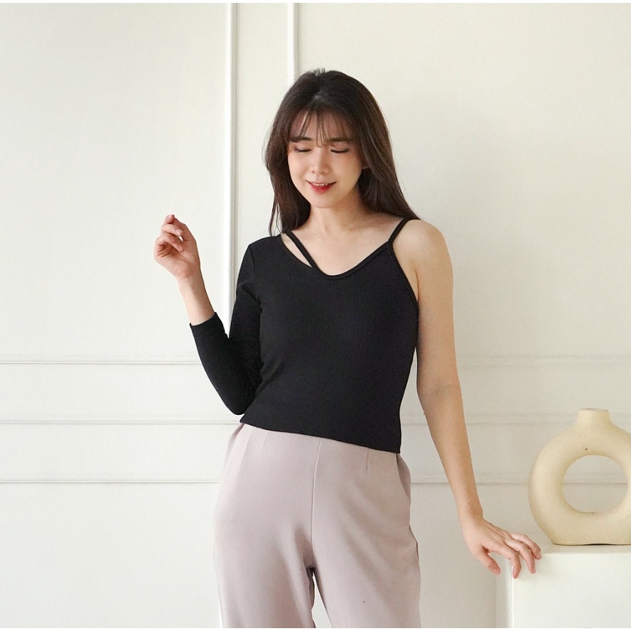 CAVALU Korean Knit Crop Top Lengan Panjang One Shoulder Top 192