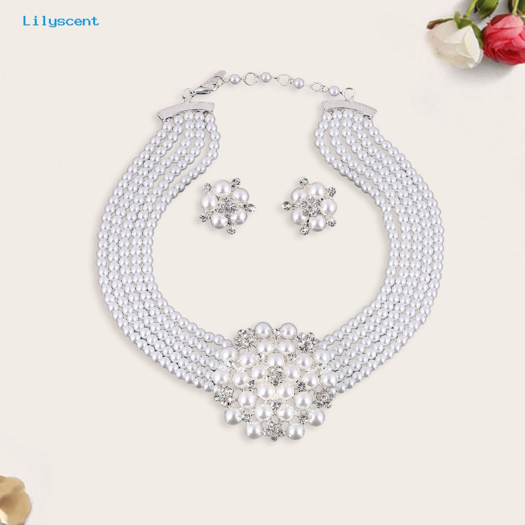 [LS] 1set Kalung Anting Set High Gloss Mengkilap Terang Kilau Diikat Manik-Manik Mutiara Imitasi Bunga Pernikahan Pengantin Kalung Anting Perhiasan Hadiah