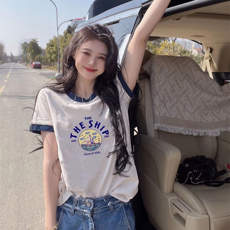 Red 2022 Musim Panas Baru Putih Lengan Pendek T-shirt Wanita Bahu Depan Katun Murni Longgar All-Match Warna Kontras Geometris setengah Lengan T-shirt Tide