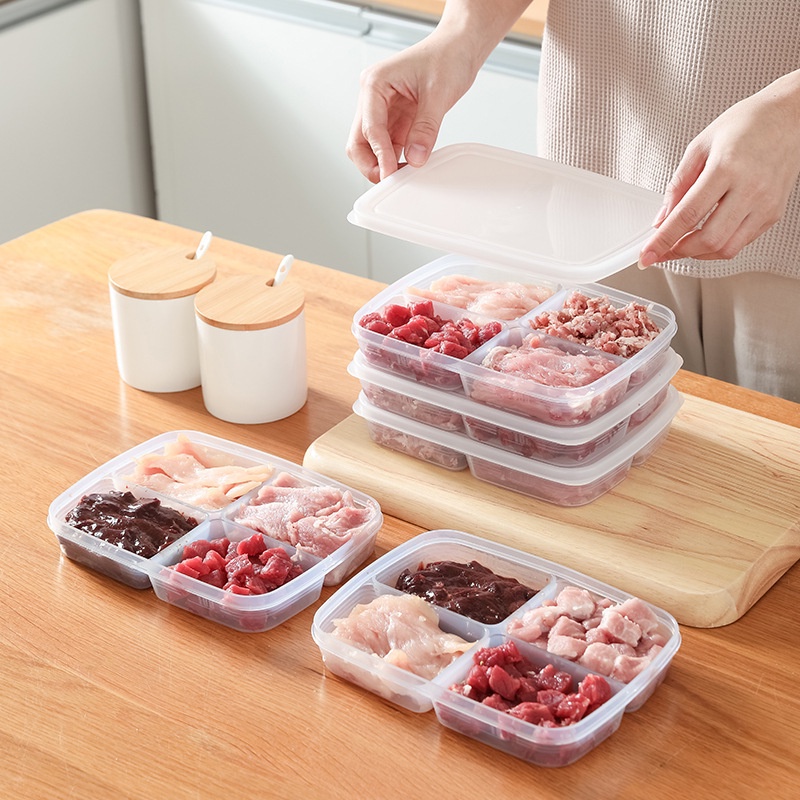 Kotak Plastik Bening 4kisi Portabel Serbaguna Snack Bumbu Sub-Packed Wadah Daging Buah Sayur Preserve Case Freezer Organizer Kotak Penyimpanan Buah Makanan Dengan Tutup