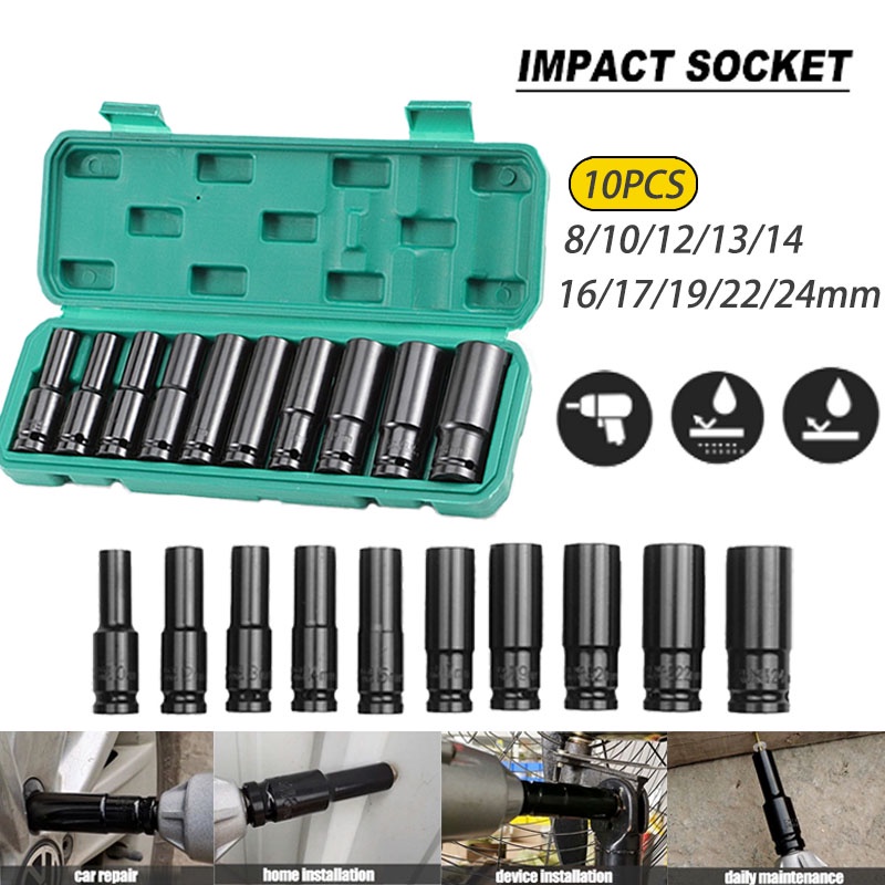 Socket Drive Impact Extension Deep Impact Socket Set 10Pcs 1/2 Inch 8mm - 24mm