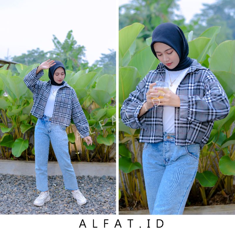 crop top flanel / kemeja crop wanita