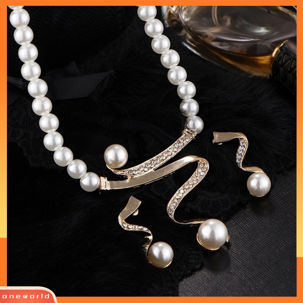 OW@ Rhinestone Faux Pearl Beaded Necklace Stud Earrings Bridal Wedding Jewelry Set