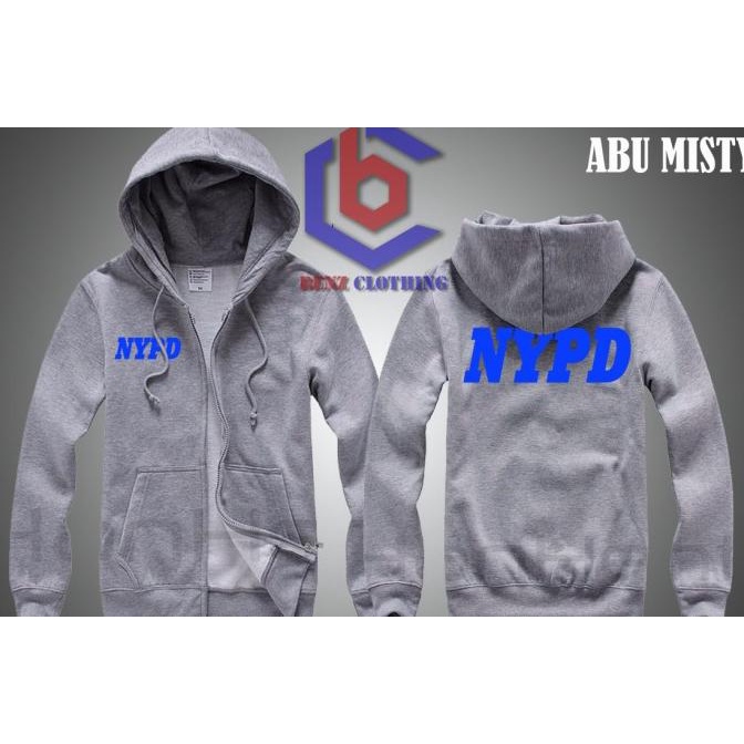 Jaket Hoodie Sweater NYPD Outerwear Pria Wanita Zipper Resleting Depan Polos Sablon Polyflek Korea
