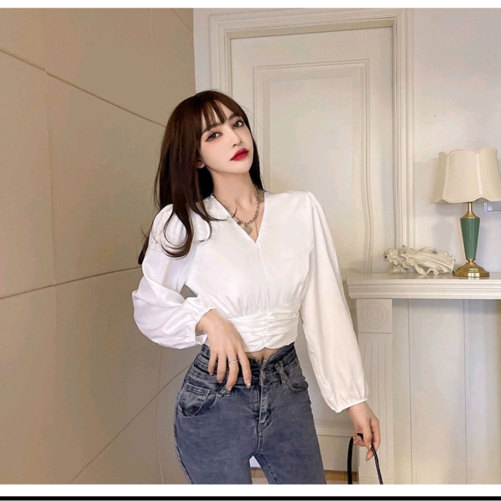 Atasan blus wanita tangan panjang satin velvet gaya korea 911