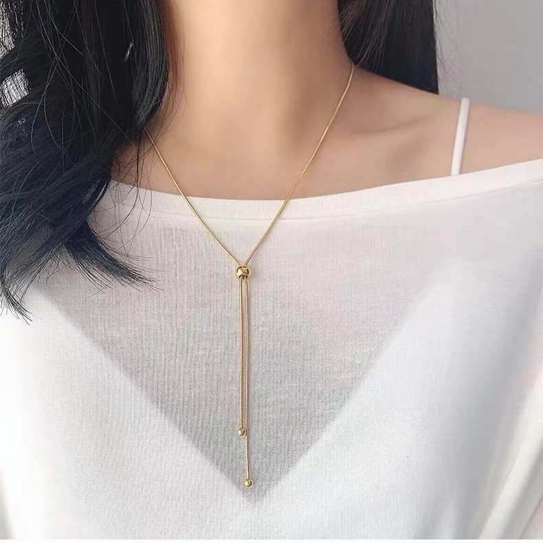 Kalung Rantai Clavicle Retractable Gaya Retro | Rantai Tulang Ular Manik-Manik Bulat Adjustable | Kalung Rantai Panjang Sedang Untuk Sweater | Kalung Pendek Bahan Titanium Steel Lapis Rose Gold 18K | Anti Air / Alergi Tidak Pudar | Hadiah Self-Keeping