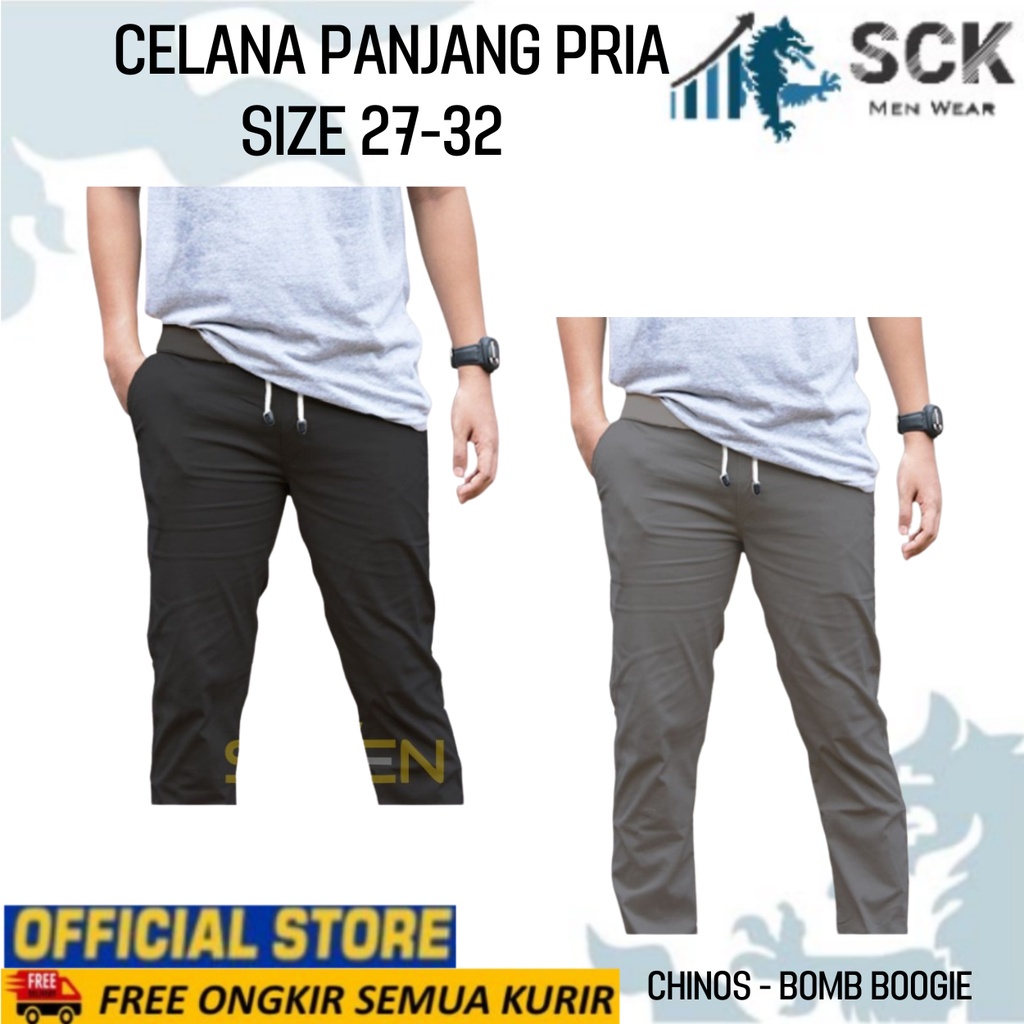 Celana Panjang Chinos BOMB BOOGIE Ukuran 27-32 Aneka Warna Pinggang Karet Tali - sckmenwear GROSIR