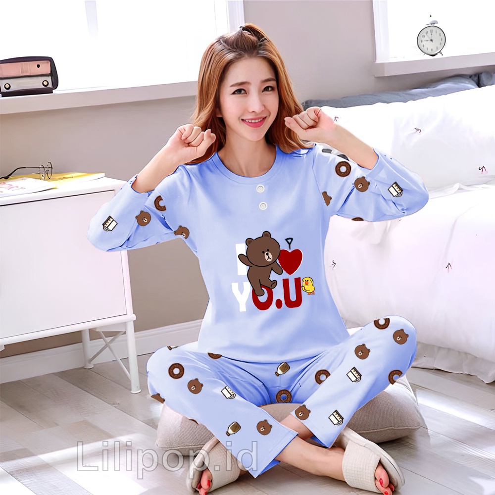 Sunchery Baju Tidur Wanita Bear Love Celana Panjang PP Allsize Lengan Panjang Baby Doll Bahan Kaos D