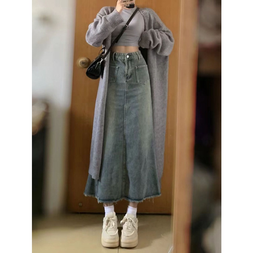 Rok Jeans Panjang Sedang Wanita / Biru Highwaist Fishtail Denim Rok