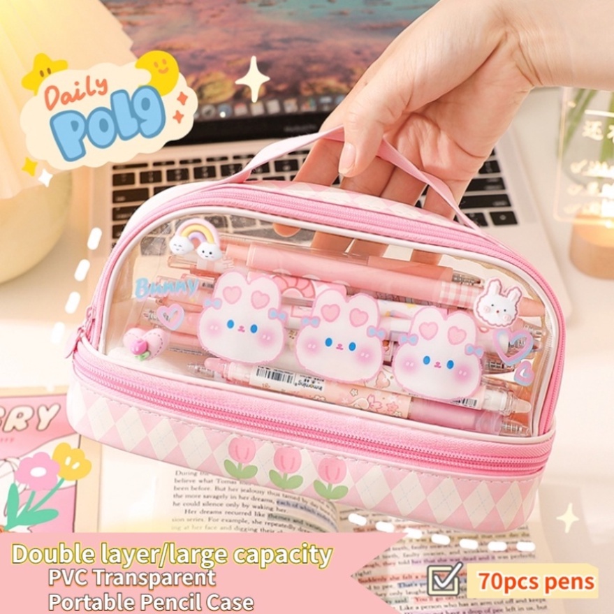【Stiker 3D gratis】PVC Pencil  Kapasitas tinggi Case Kotak Pensil Sekolah Kapasitas Besar Dual Slot Trendy Stylish（Dapat menampung 70 pulpen）
