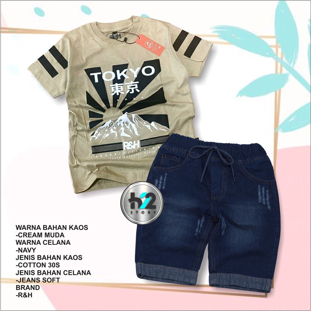 Setelan Anak Celana Jeans / Setelan Jeans Anak Laki Laki /  Setelan Kaos Distro Anak Celana Jeans Pendek Usia 3-12 Tahun / By H22Story