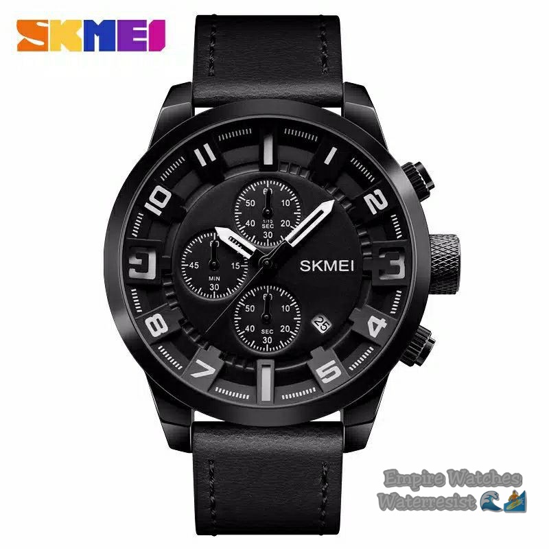 Jam Tangan Skmei 1309 Pria Cowok Analog Tanggal dan Chrono AKtif Strap Leather Kualitas Original Waterproof