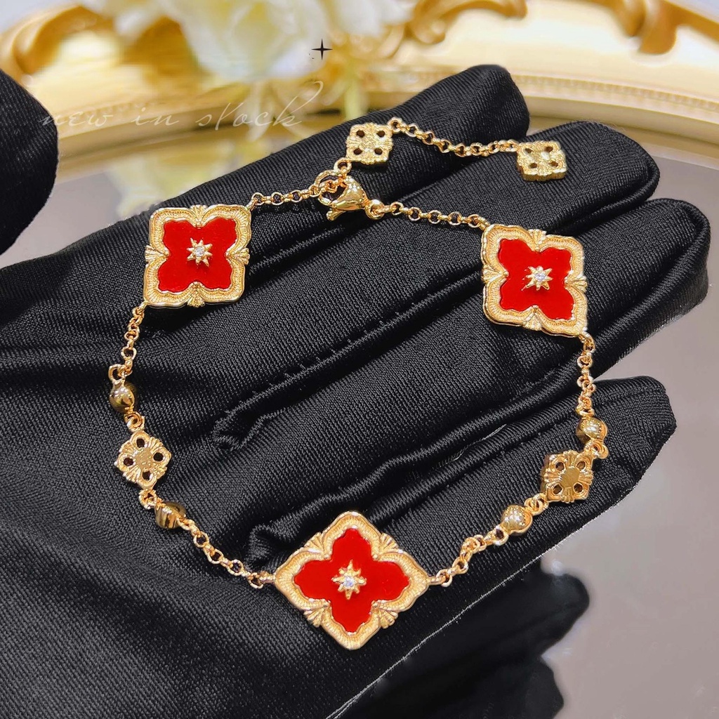 Goldkingdom Fashion Perhiasan Aksesoris Ready Stock Itali Burati Putih Fritillary Set French Vintage Four-leaf Clover Gelang Batu Akik Merah Kalung Cincin Telinga Giwang Perempuan