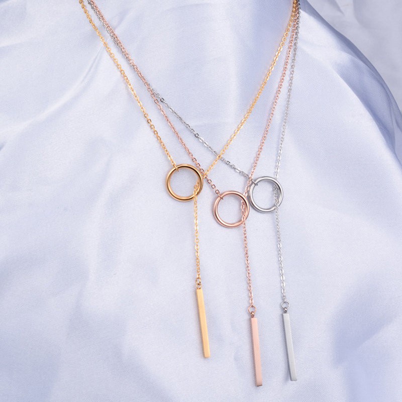 Kalung Bentuk Bulat Geometris | Kalung Rantai Klavikula Dapat Ditarik | Rose Gold 18k | Sendok Garpu Bahan Stainless Steel | Aksesoris Rambut Untuk Wanita