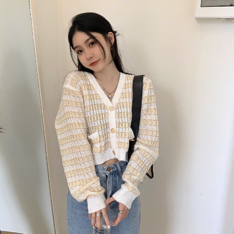 Jaket Rajut Stripe Wanita Crop Top Lengan Panjang Cardigan Knit