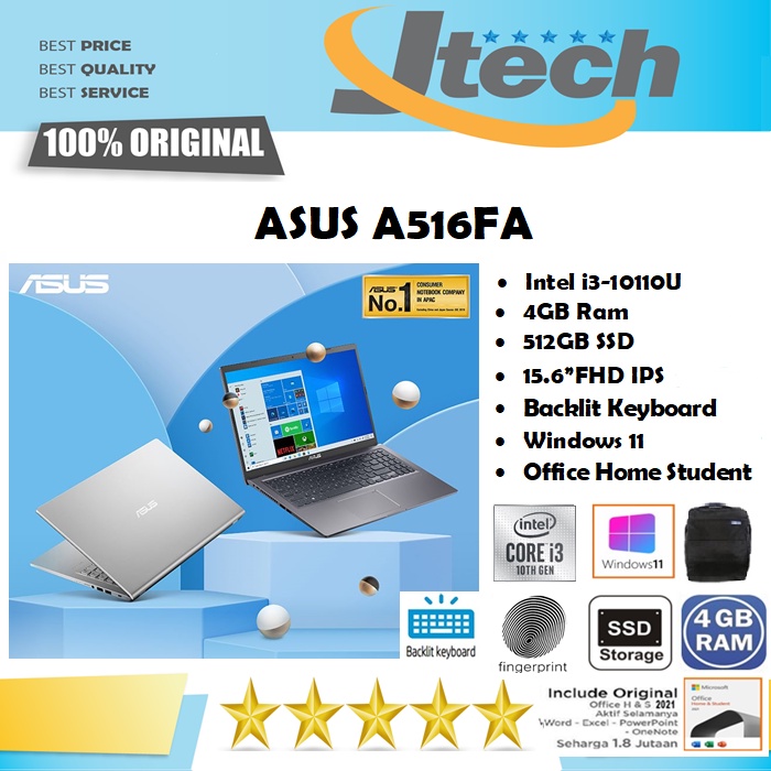 ASUS A516FA - i3-10110U - 4GB - 512GB SSD - BACKLIT KB - FINGERPRINT - 15.6&quot;FHD IPS - WIN11- OFFICE HOME STUDENT