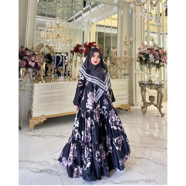 dress syar'i flower terbaru shellasaukia/ORI ss oi shellasaukia/gamis lebaran silk premium shellasau