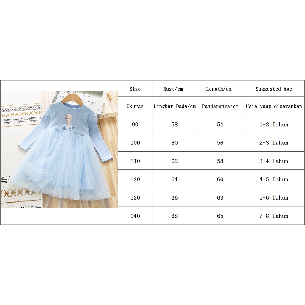 Anak Perempuan Frozen Elsa Dicetak Tulle Princess Dress Anak Lengan Panjang Elsa Gaun Pesta